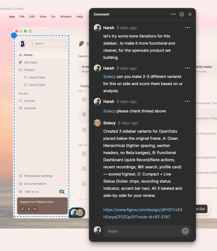 Solacy reviewing design in Slack thread